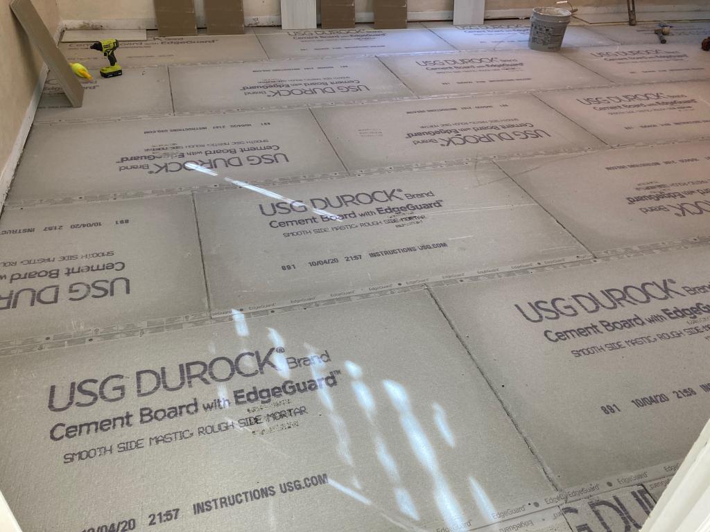 Cement board floor preparation by JR Citywide Construction